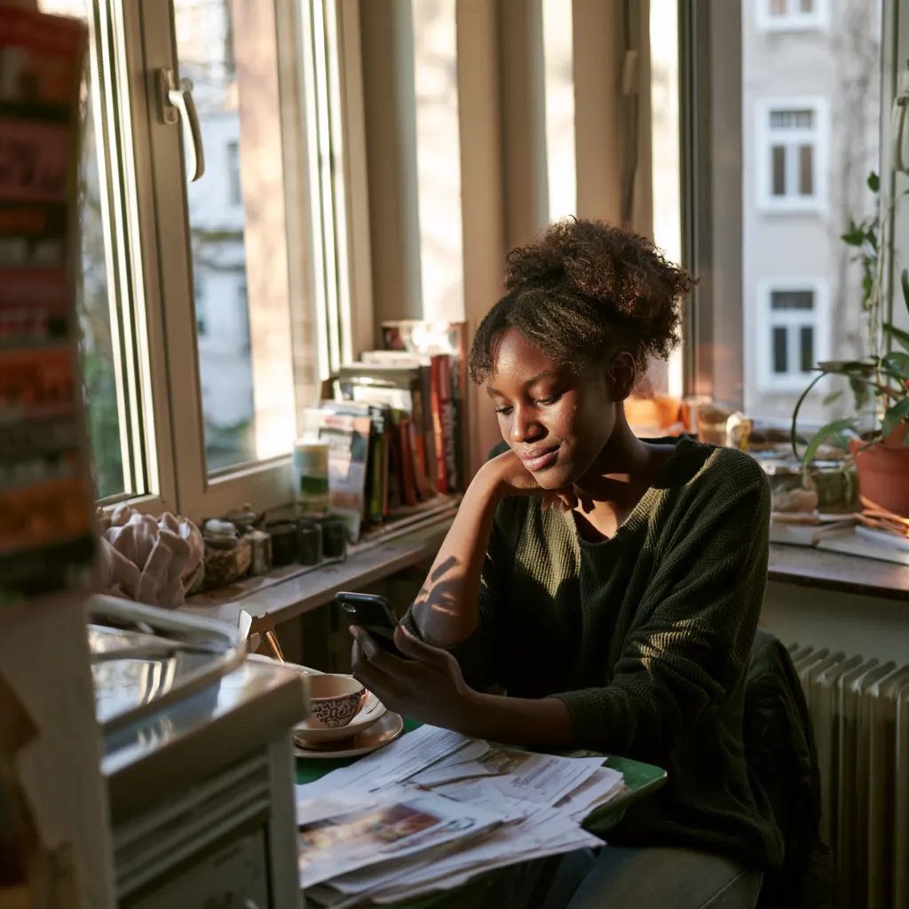 Young woman at a kitchen table reading on her phone, with application papers beside her