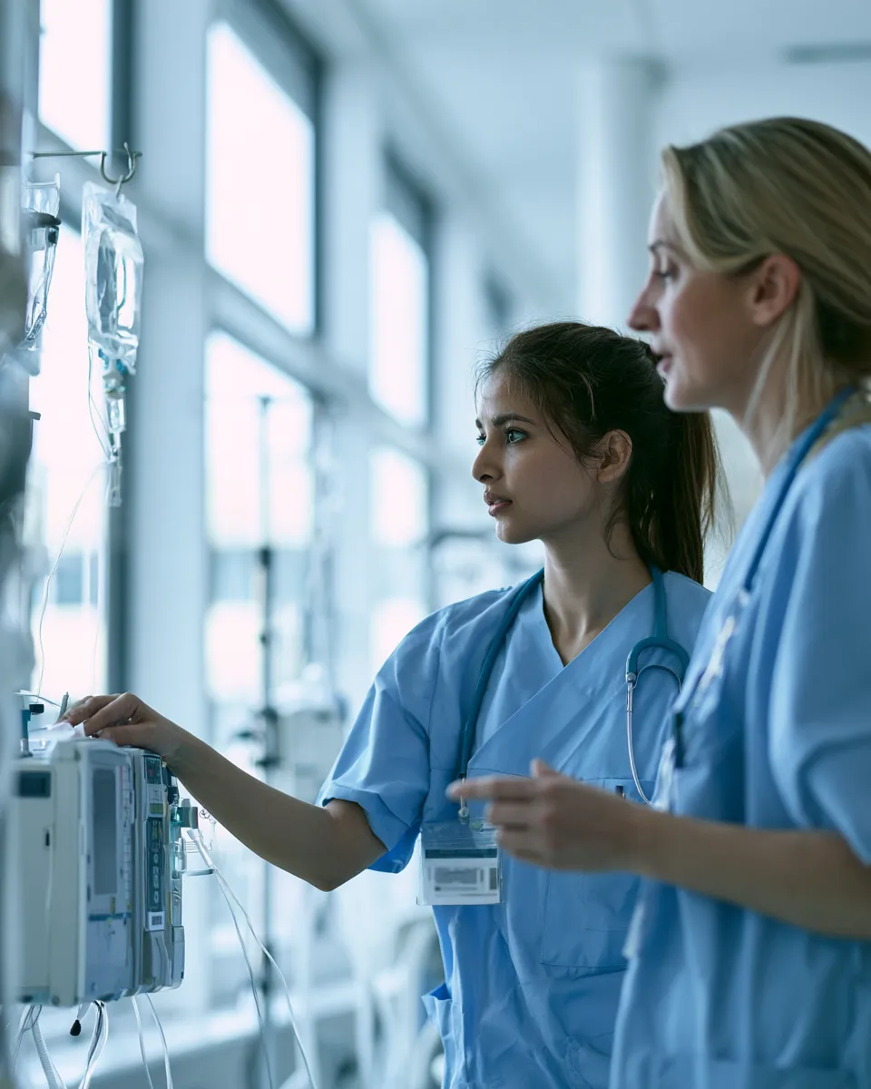 Trainee nurse checking an infusion pump with an experienced colleague on a hospital ward